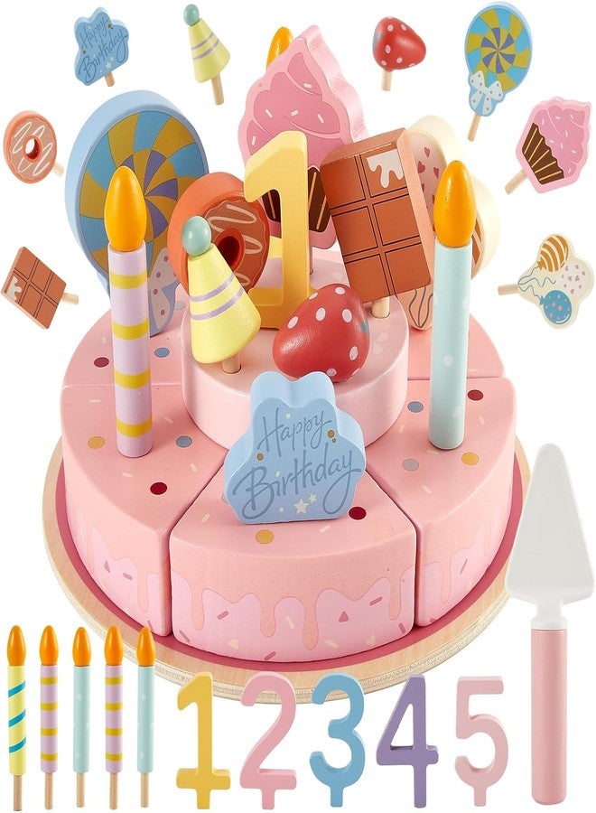 KITMEER Kids Pretend Birthday Cake Toy Set, 2-Tier Wooden Cutting Cake with Plate, Candles, Decorations, Kitchen Play Food Gift for Children 3+ - Image 1